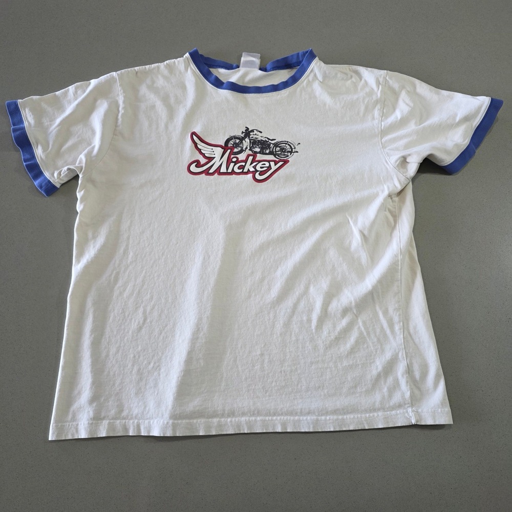 Disney Store Mickey Mouse Motorcycle Ringer Tee White Blue Mens Large‎ 56767